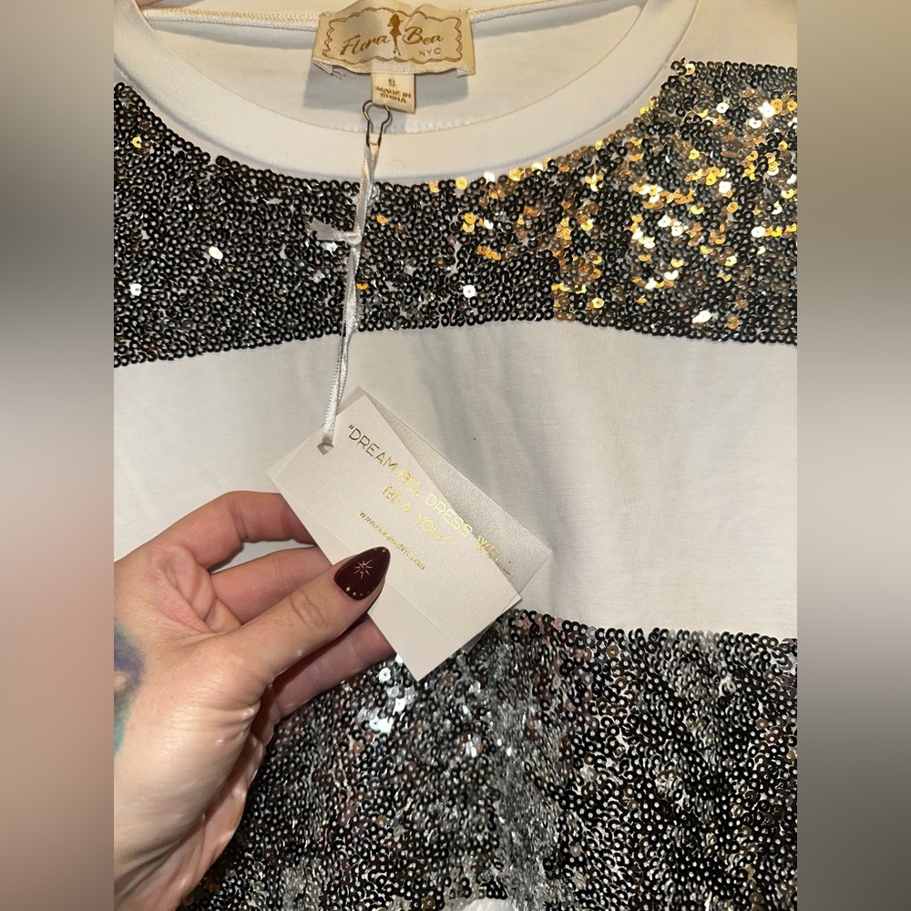 NWT Flora Bea New York Colleen Top- Ivory Sequin Cotton Jersey $170 MSRP - Picture 3 of 5